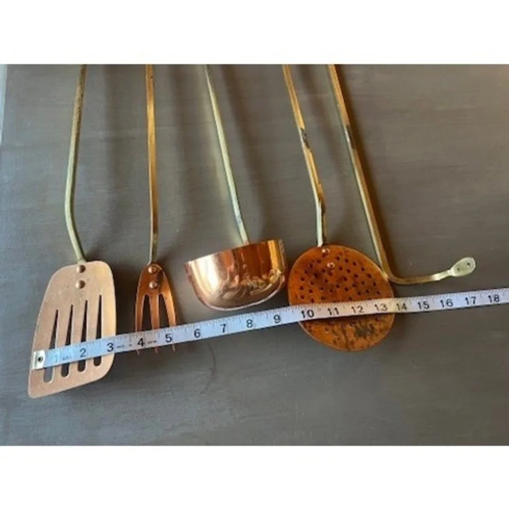 Vintage Copper Brass Kitchen Utensil Set 5pc Korea Patina Rustic Wall Rack